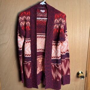 Mossimo Supply Co Womens Small Southwestern Open Front Cardigan Burgundy Aztec